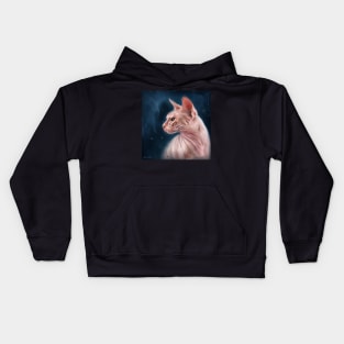 Contemporary Painting of a Hairless Pink Sphynx Cat on Dark Blue Background Kids Hoodie